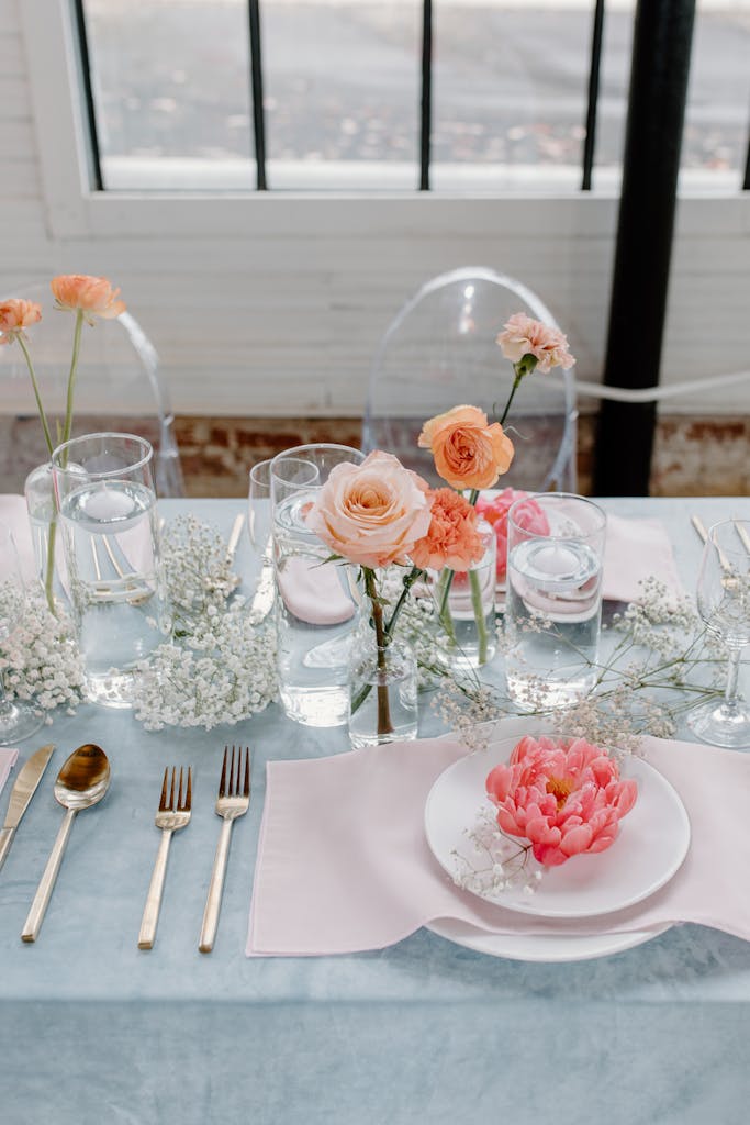 Sophisticated table arrangement featuring delicate flowers and stylish tableware for a wedding reception.